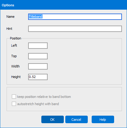 Options dialog with various options for resizing and positioning bands.